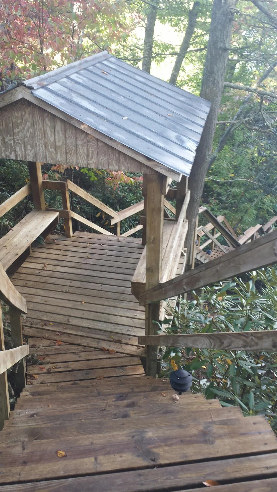 Metal roofed shelter over wooden steps on a wooded walkway — Skylight Repair & Installation work by our crew in Ninety Six
